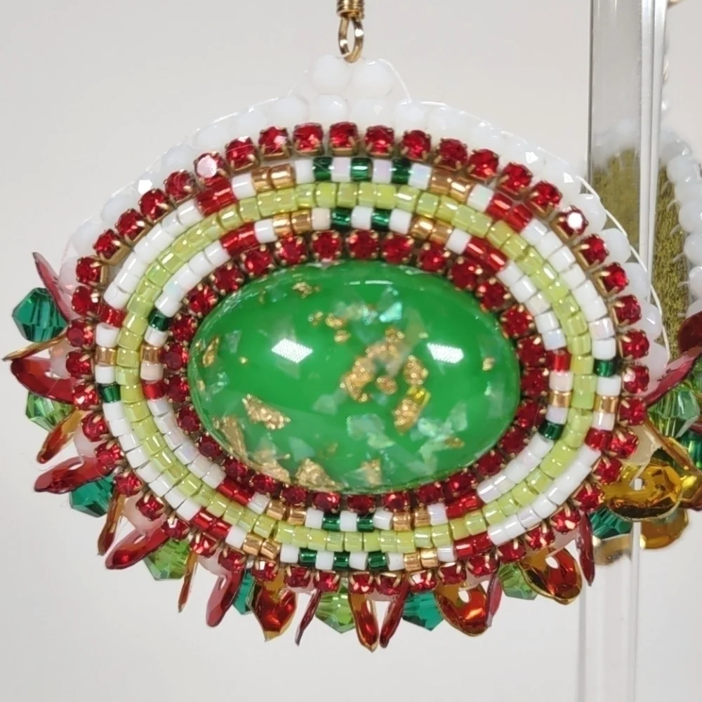 Handmade Beaded Oval With Green Accents Christmas Themed Fishhook Post Earrings